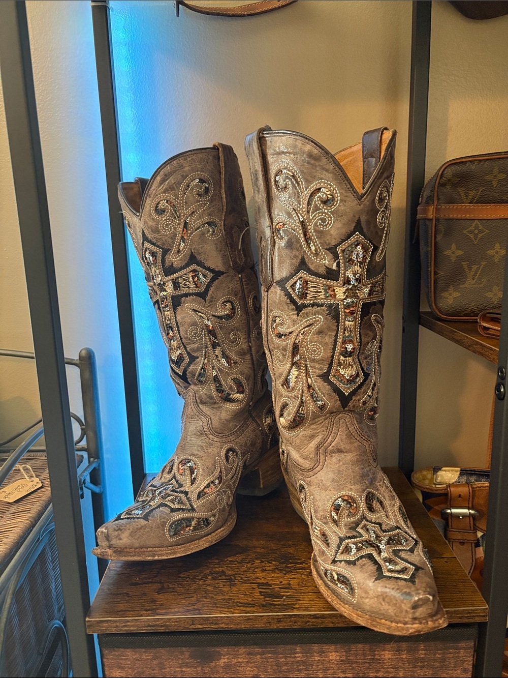 Brown Embroidered Western Heeled Boots with Cross Detail